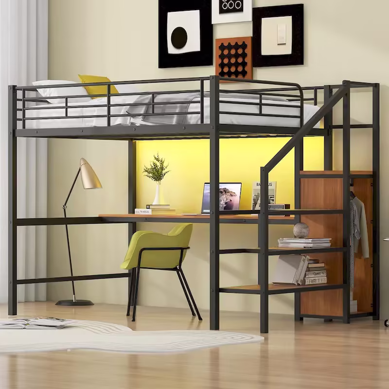 Complete Loft Bed Set with Desk, Storage Staircase, Compact Wardrobe, and LED Lighting