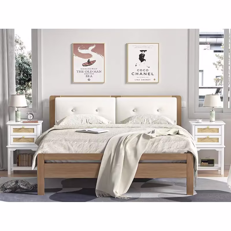 Contemporary 27.95" Tall White 2-Drawer Nightstand with Wood and Rattan, Featuring a Storage Shelf for Bedroom