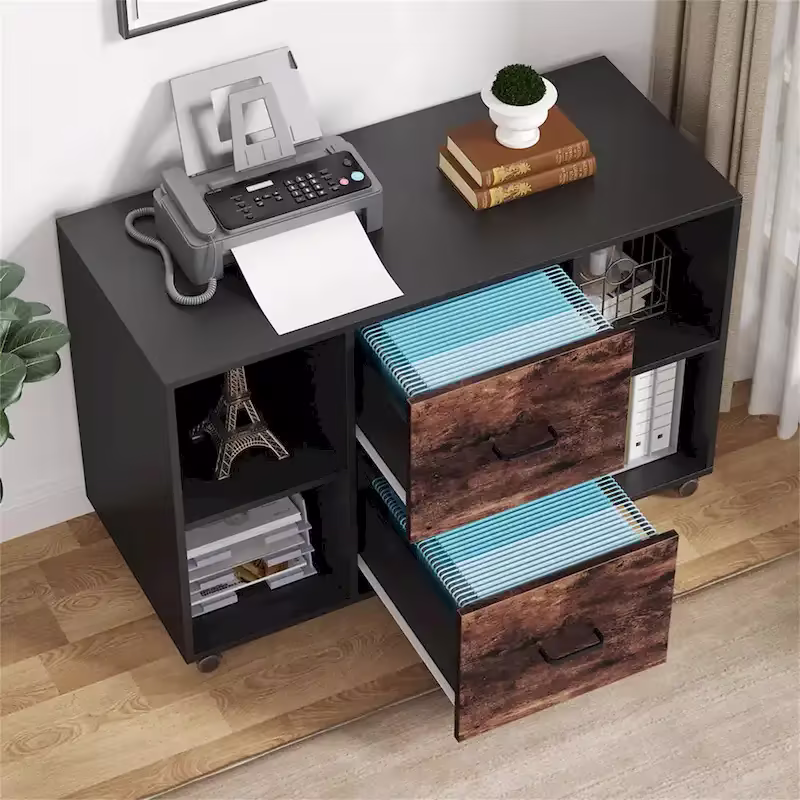 Contemporary Black and White File Cabinet with 2 Drawers and 4 Open Shelves - Stylish Wood Office Storage Solution
