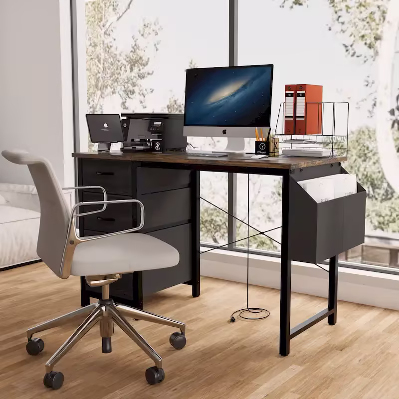 Contemporary Computer Desk with Built-in Charging Station and Versatile Reversible Storage Drawers for Home Office or Study