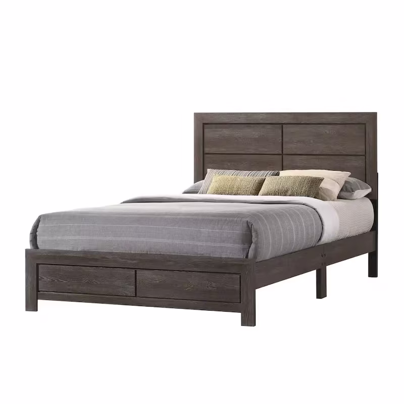 Contemporary Dark Brown Queen Size Bed with Wood Platform Frame