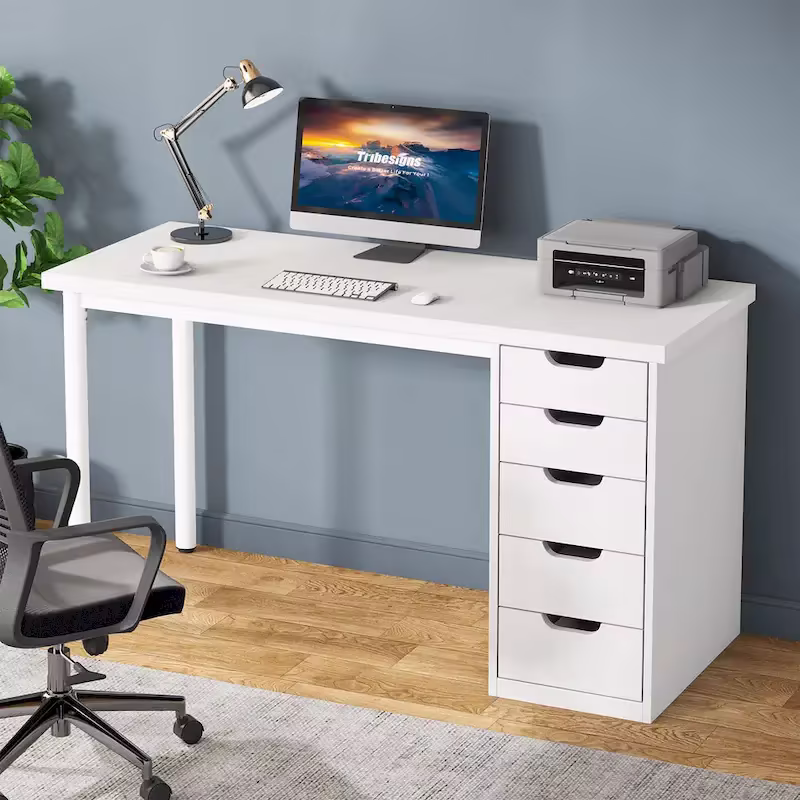 Contemporary Minimalist Computer Desk with 5 Drawer Storage for Study and Writing