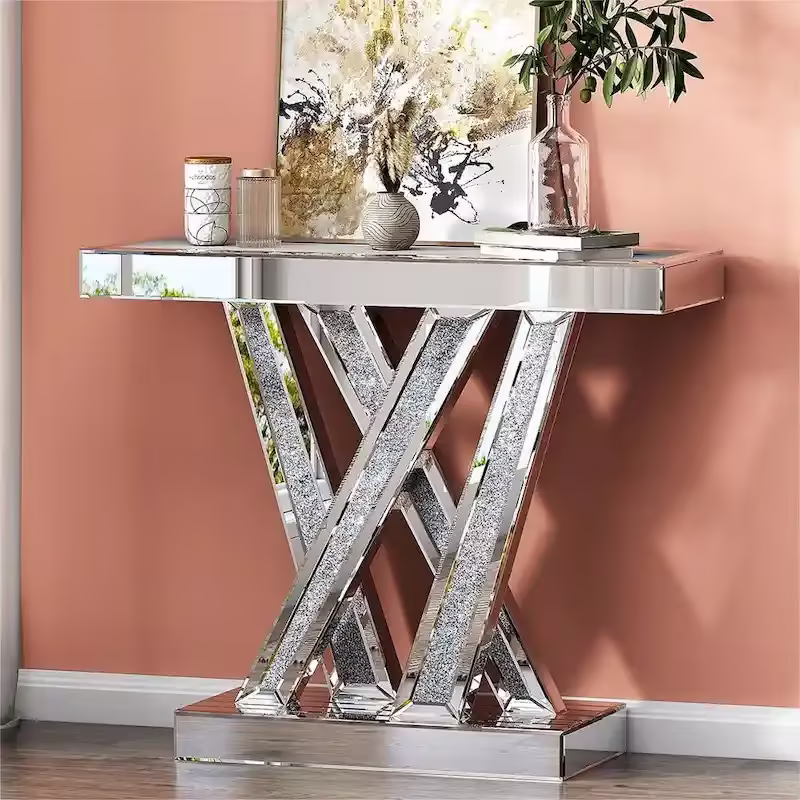 Contemporary Silver Console Table with Crushed Diamond Inlay for Entryway
