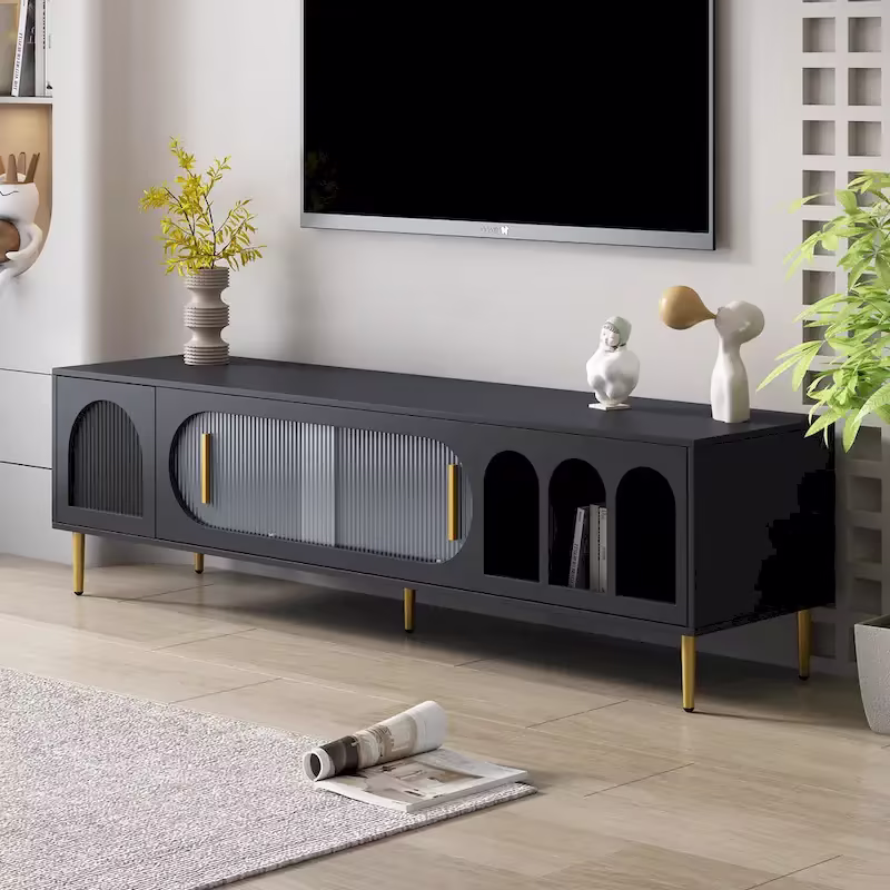 Contemporary TV Stand for 70-Inch and Larger TVs, Entertainment Center Media Console with 3 Shelves and 2 Cabinets