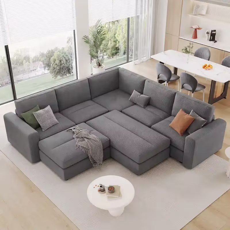 Corduroy Modular Sectional Sofa Bed with Recliner and 2 Movable Ottomans – Perfect for Living Rooms