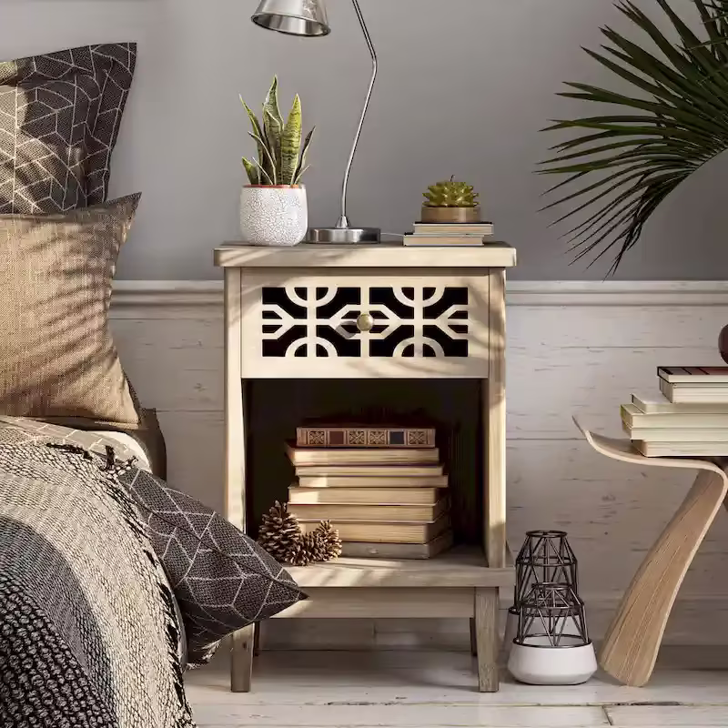 COZAYH Vintage-Inspired Rustic Nightstand - Solid Fir End Table with Hand-Carved Front and Open Shelf for Boho and Farmhouse Decor