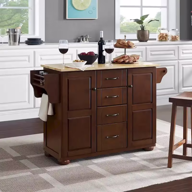 Crosley Eleanor Kitchen Island with Natural Wood Top - Dimensions: 18"D x 51.5"W x 35.25"H