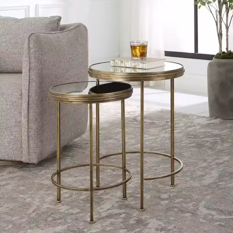 David Frisch Set of 2 Iron and Glass Nesting Tables by Porch & Den