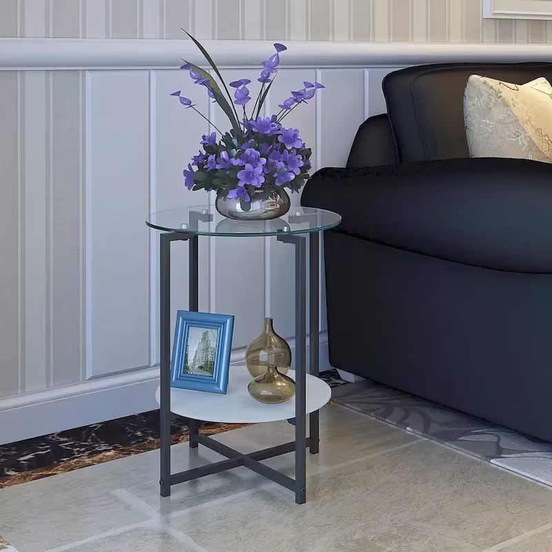 Double-Layer Round Tempered Glass End Table/Coffee Table with Sturdy Iron Frame