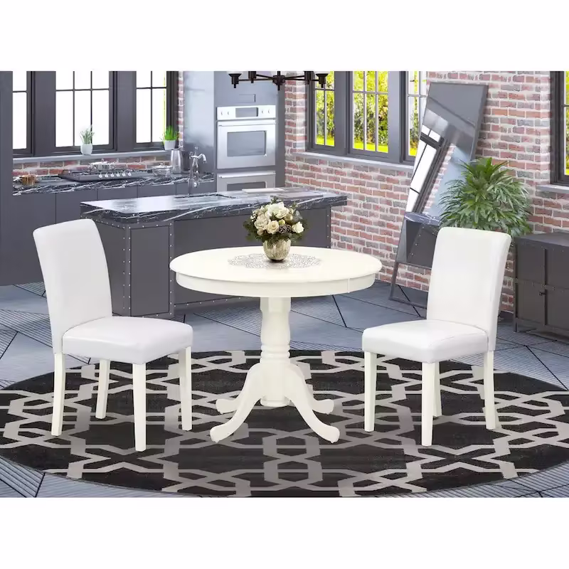 East West Furniture Round Dining Table Set - Kitchen Table with White Faux Leather Parson Chairs in Linen White (Various Piece Options)