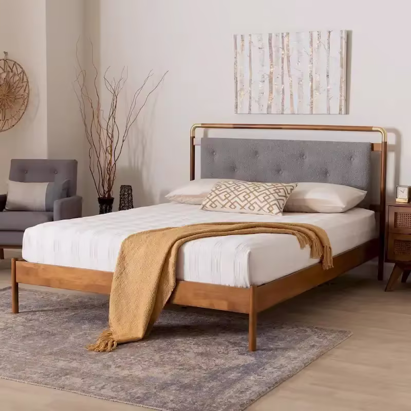 Edwina Queen Size Platform Bed in Light Grey Boucle Fabric with Walnut Brown Wood Accents