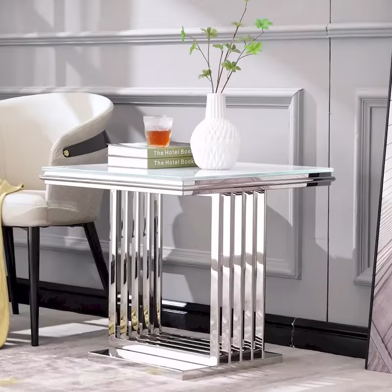 Elegant 24-Inch Square Silver and Glass End Table with Stainless Steel Base