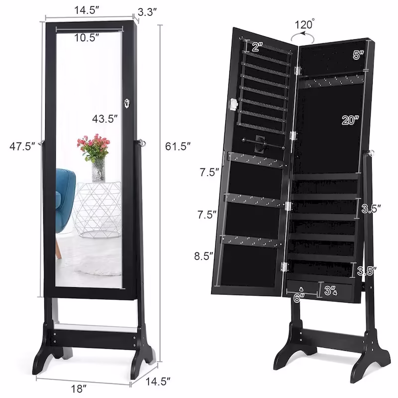 Elegant Mirrored Jewelry Cabinet with Drawers and Hooks - Dimensions: 18 x 14.5 x 61.5 inches