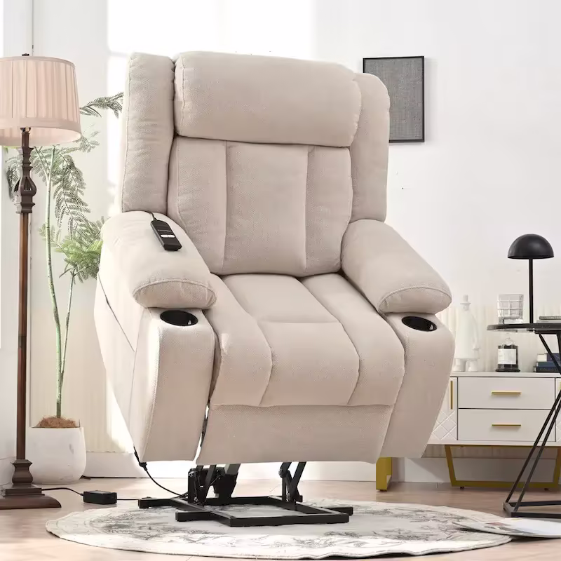Elevated Recliner Chair for Seniors - Fabric Lift Chair with Extended Footrest, Dual Cup Holders, Side Pockets, and Remote Control