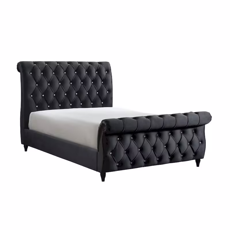 Ellowen Queen Bed with Diamond Tufted Black Upholstery and Panel Headboard