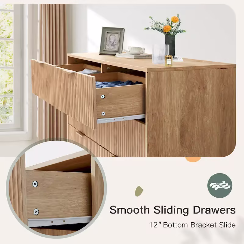EROMMY Mid-Century Modern 6-Drawer Fluted Dresser - Wide Chest with Metal Handles for Bedroom and Living Room