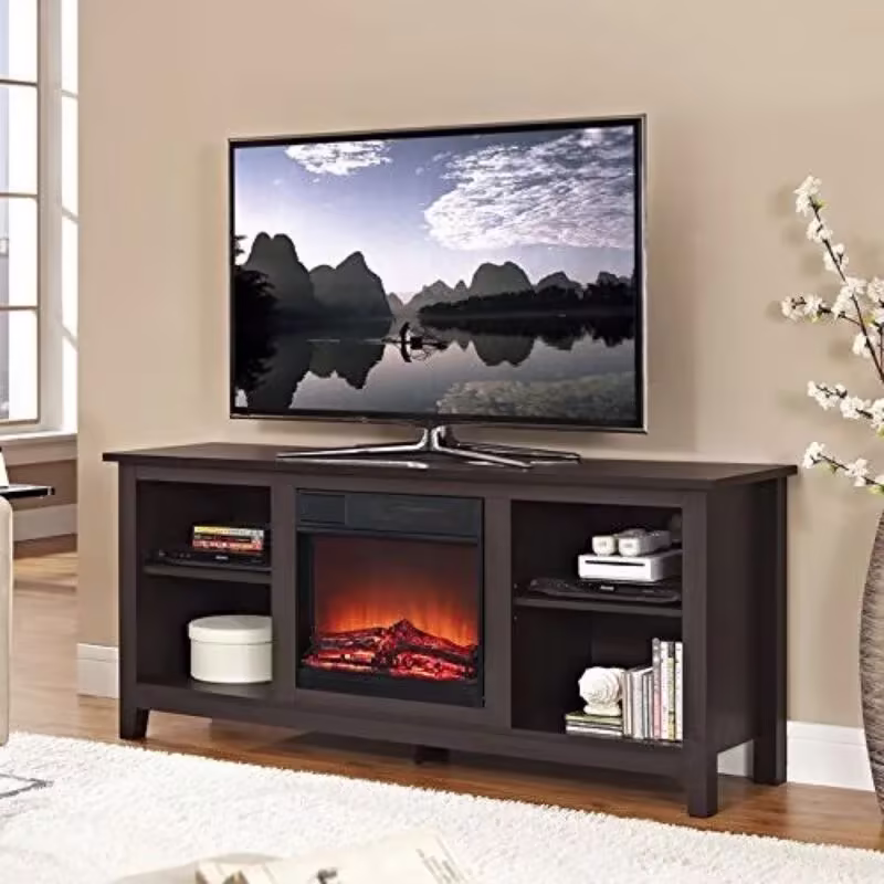 Espresso Wood TV Stand with Electric Fireplace Insert - Dimensions: 16 x 58 x 25 inches