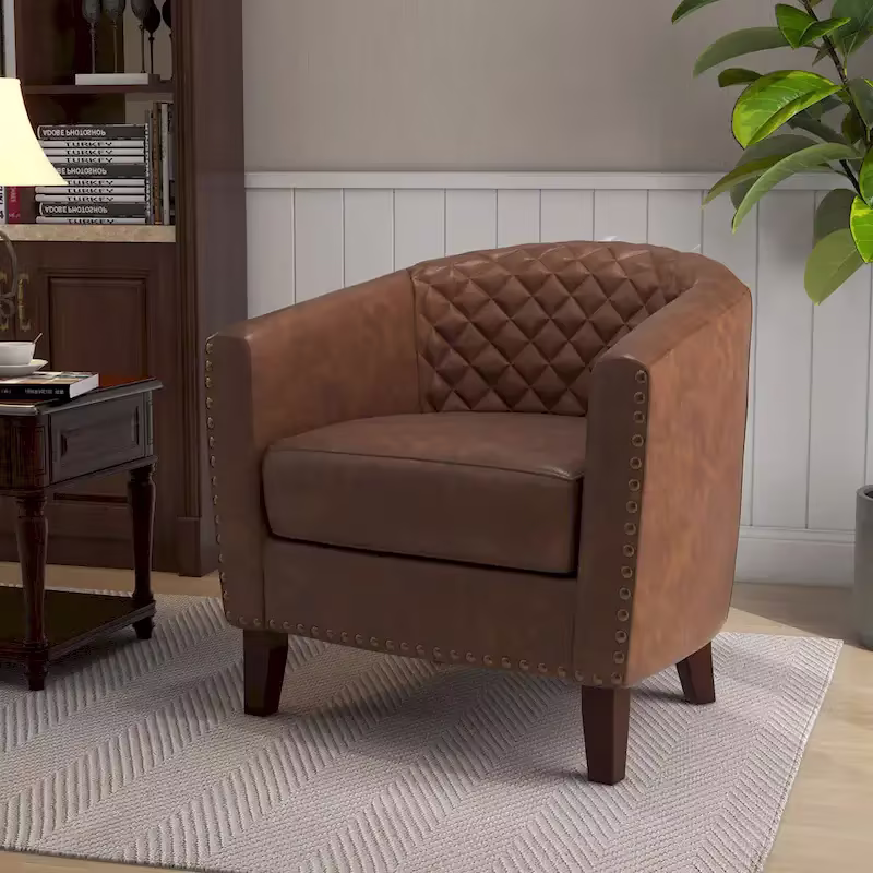 Ethan Barrel Accent Chair in PU Leather with Nailhead Detailing