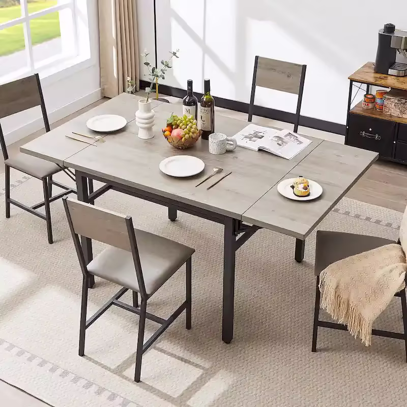 Extendable Drop Leaf Dining Table with Folding Sides and Metal Frame