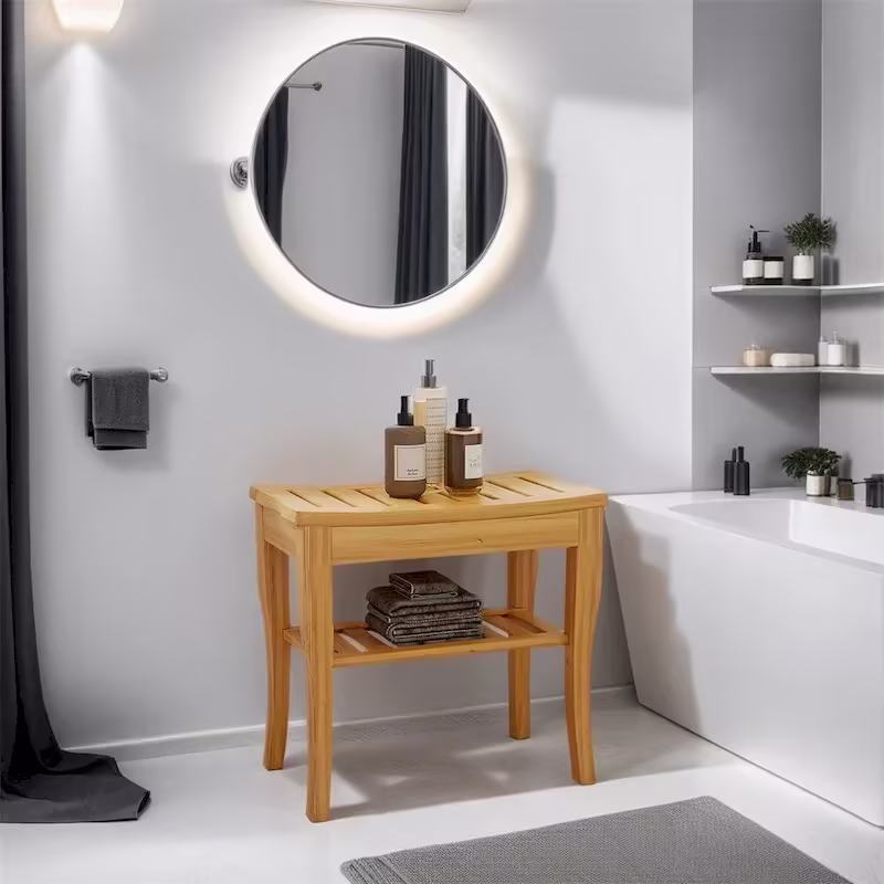 Extended Bamboo Shower Bench with Storage Shelf - Wooden Spa Stool