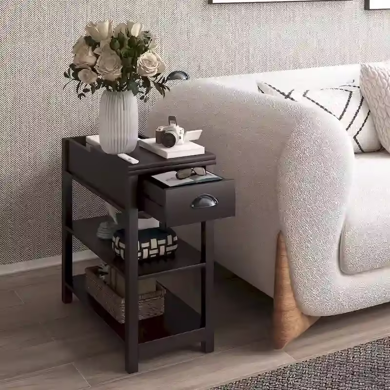 Flip-Over Design Narrow Side Table with Drawers and Bottom Shelf