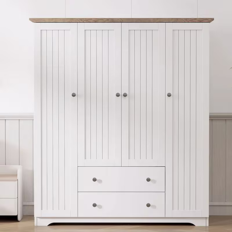 Freestanding 4-Door Wardrobe Armoire with 2 Drawers and Hanging Rods for Clothes Storage