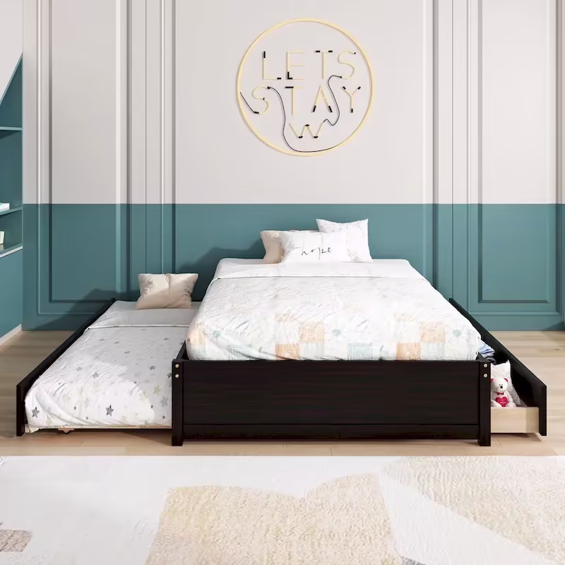 Full Bed Frame with Twin Trundle and Dual Storage Drawers