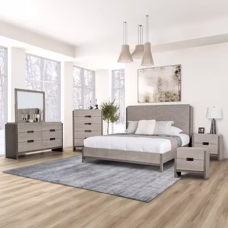 Furniture of America Cruz Contemporary Gray Solid Wood 6-Piece Bedroom Set: Includes Bed, 2 Nightstands, Chest, Dresser, and Mirror