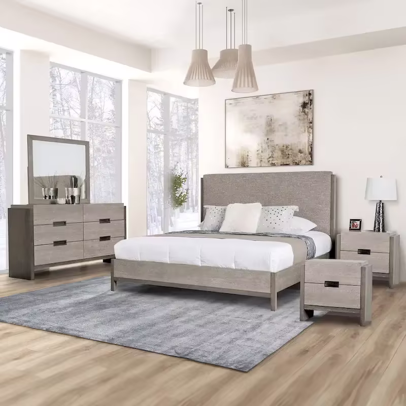 Furniture of America Cruz Modern Gray Solid Wood 5-Piece Bedroom Set: Includes Bed, 2 Nightstands, Dresser, and Mirror