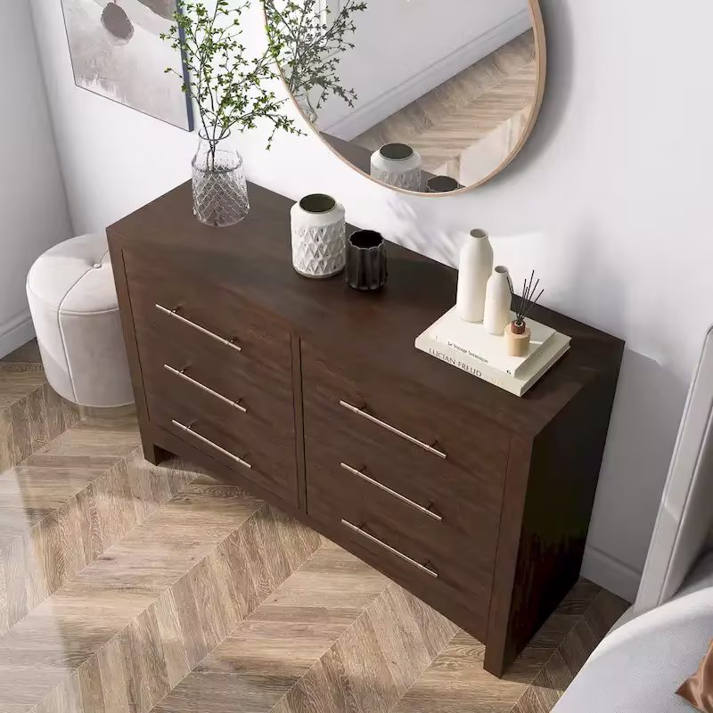 Furniture of America Malgan Traditional 56-Inch Wide Double Dresser with 6 Drawers in Walnut Finish