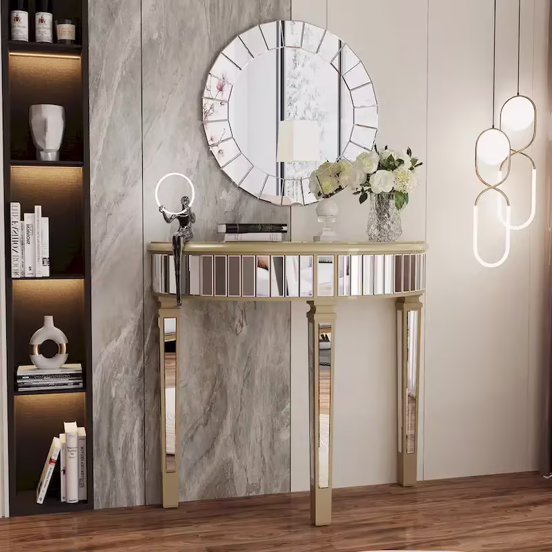 Silver Mirrored Half Moon Console Sofa Table - 35.4 x 31.6 Inches