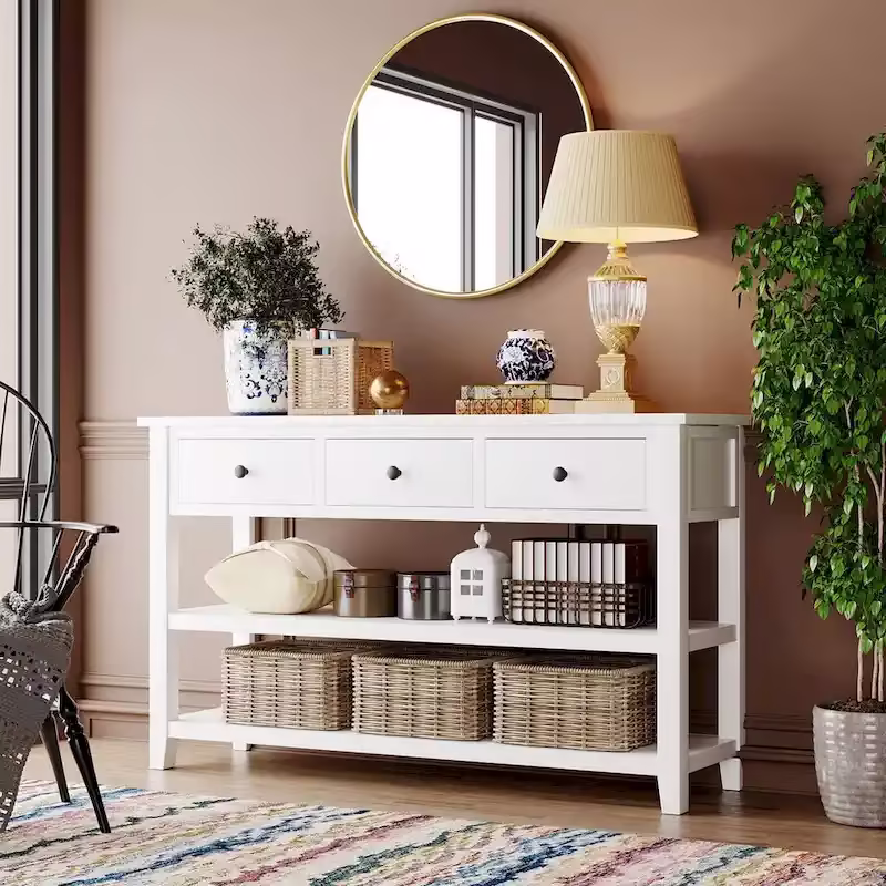 Solid Pine Wood Console Table Featuring Two Open Shelves