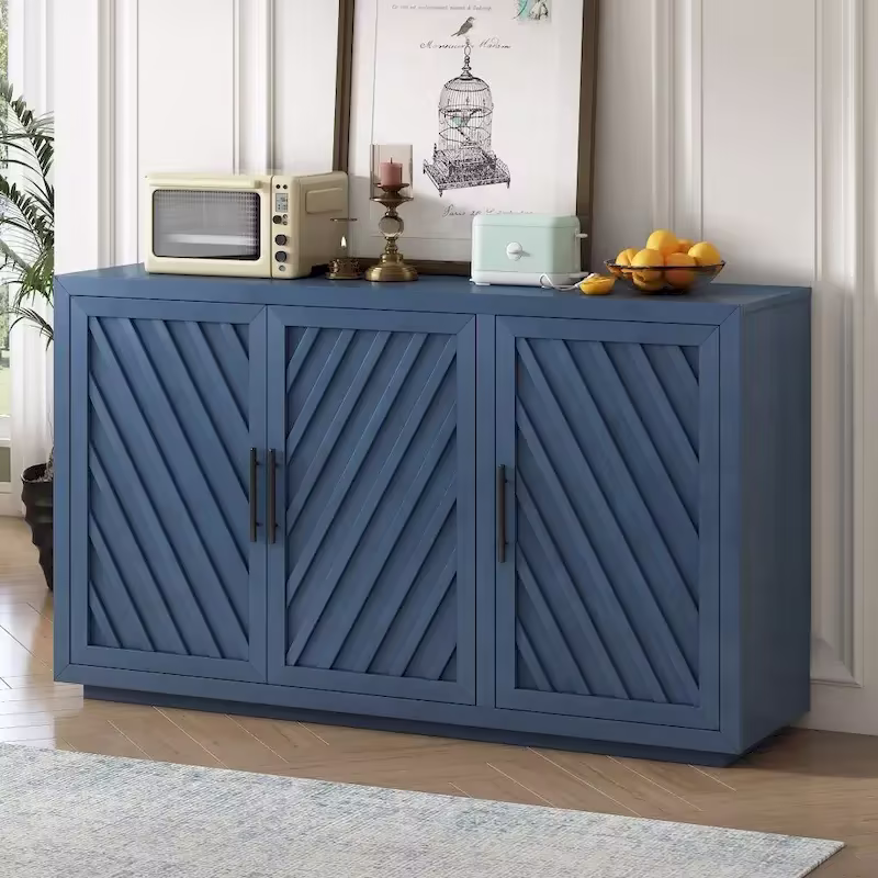 Spacious 3-Door Vintage Sideboard with Adjustable Shelves and Black Handles