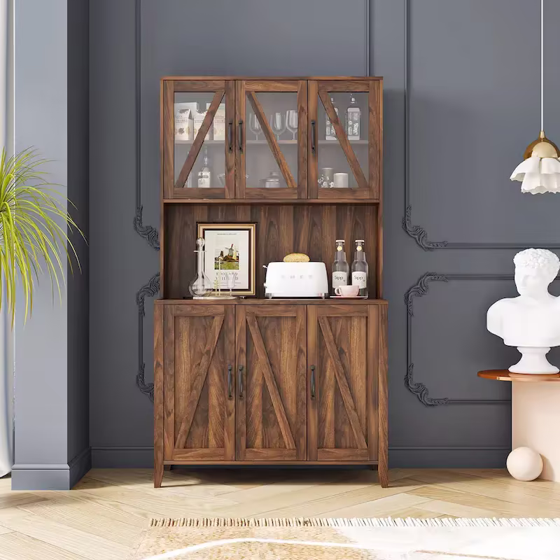 Spacious Kitchen Pantry Storage Cabinet Featuring Glass Doors