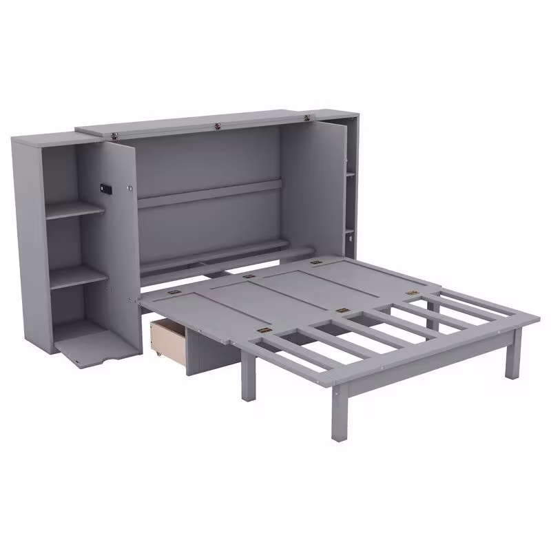 Spacious Wooden Murphy Bed with Shelving, Storage Drawers, and USB Charging Ports