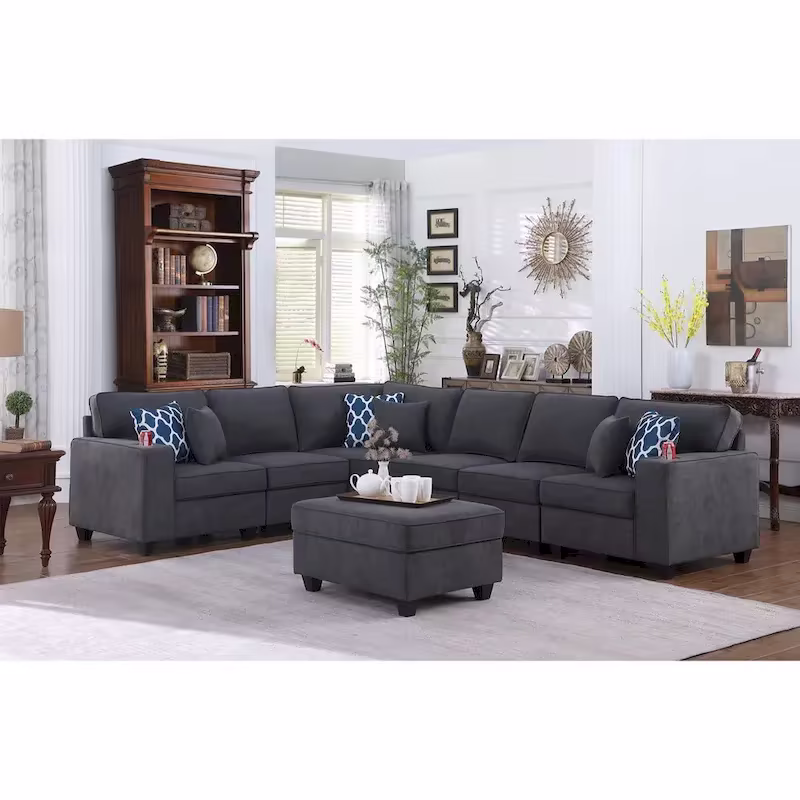 Stone Gray 7-Piece L-Shaped Sectional Sofa Set with Ottoman