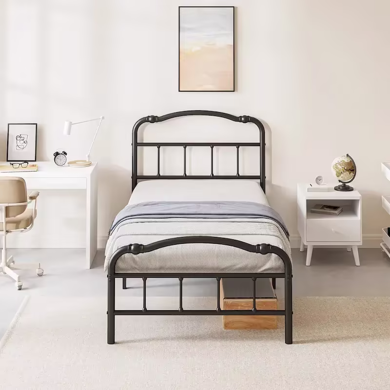 Sturdy 18-Inch High Steel Tube Iron Bed with Double Wave Headboard and Footboard
