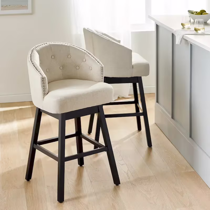 Swivel Bar Stool Set with Tufted Upholstered Seat and Wooden Frame