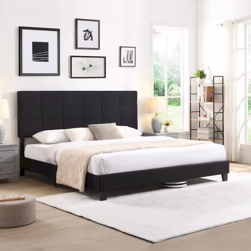 Tufted Headboard Black King Linen Bed