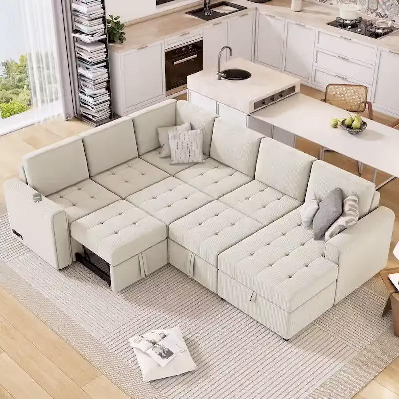 U Shaped Sectional Sofa with Pull Out Bed Storage and USB Ports