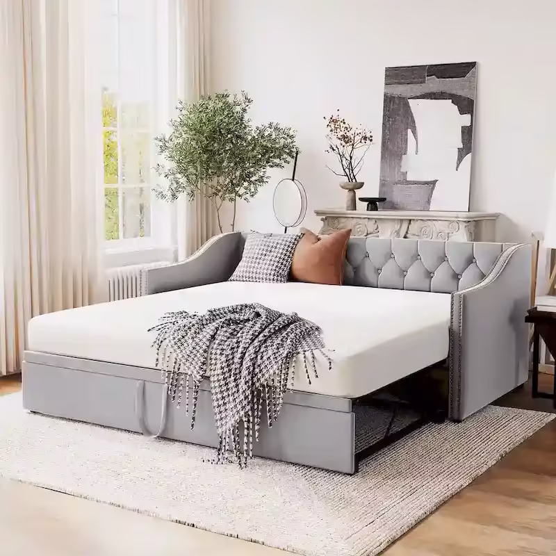 Upholstered Daybed with Trundle Bed and Tufted Backrest