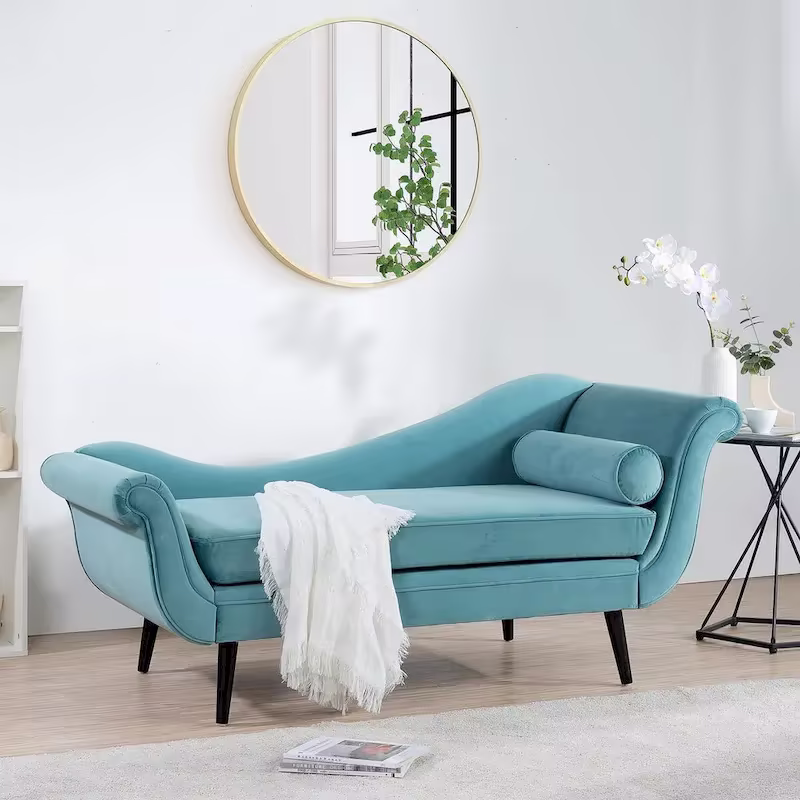 Upholstered Indoor Chaise Lounge Chair with Scroll Arms, Reclining Feature, Rolled Accent Pillow, and Sturdy Solid Wood Legs