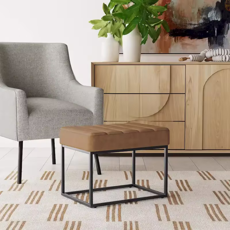 Upholstered Ottoman with Tufted Cushion and Metal Frame