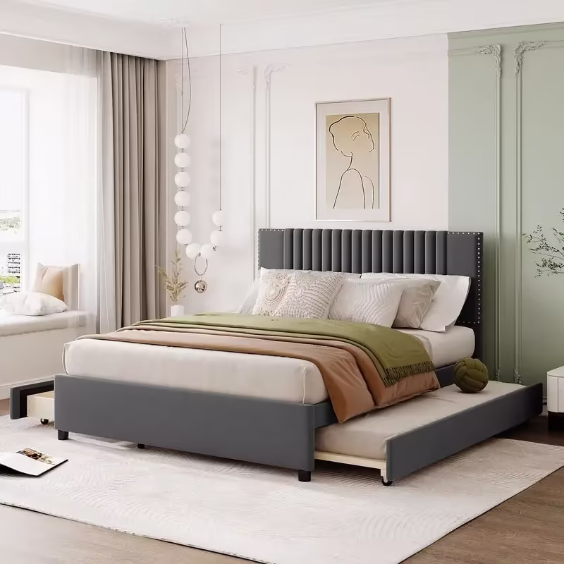 Upholstered Platform Bed with Storage Drawers and Trundle Bed