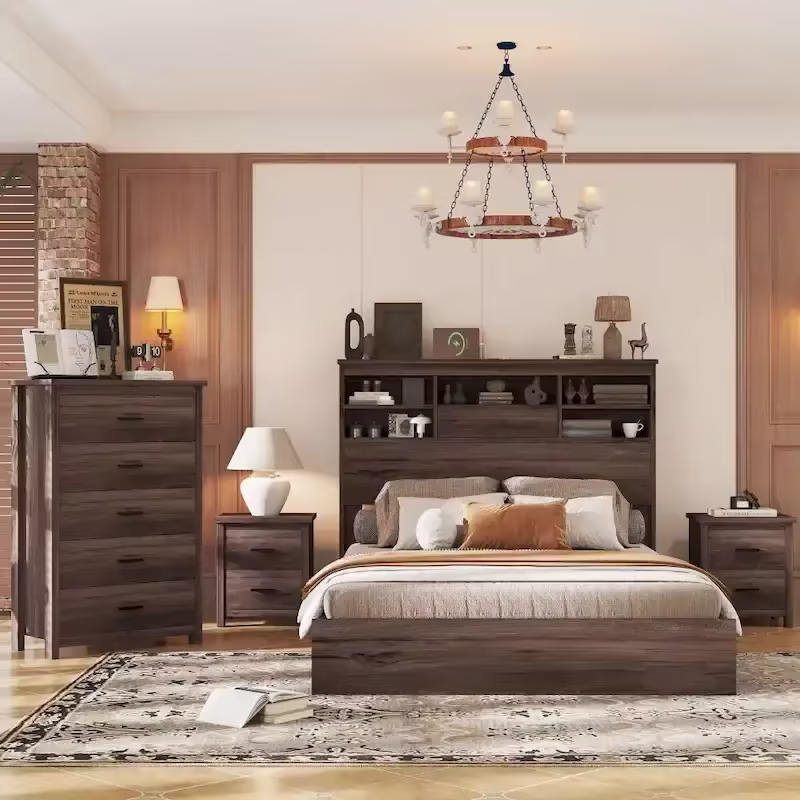 Vintage Queen Size Bedroom Set: 4-Piece Wooden Bed Frame with 2 Nightstands and 1 Dresser