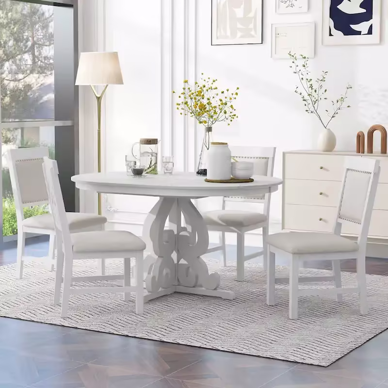 Vintage White 5-Piece Wooden Dining Set with Extendable Table and 4 Chairs