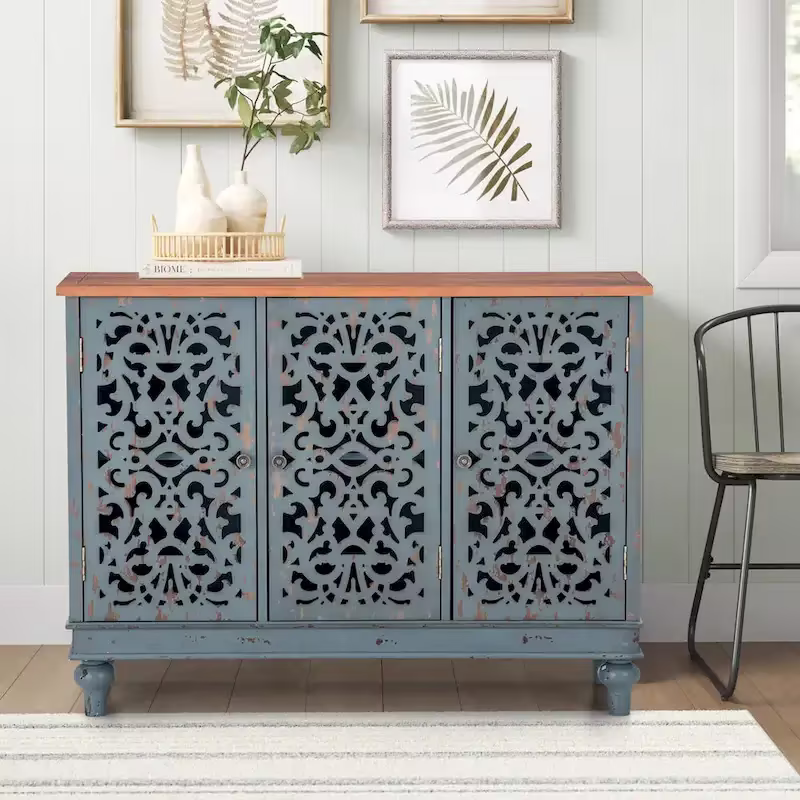 Vintage-Inspired Hollow-Carved 3-Door Storage Cabinet