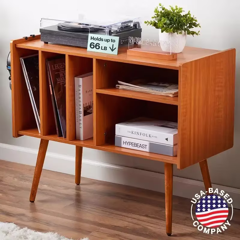 Vinyl Record Player Stand with Built-in Charging Station - Dimensions: 31D x 26W x 15H