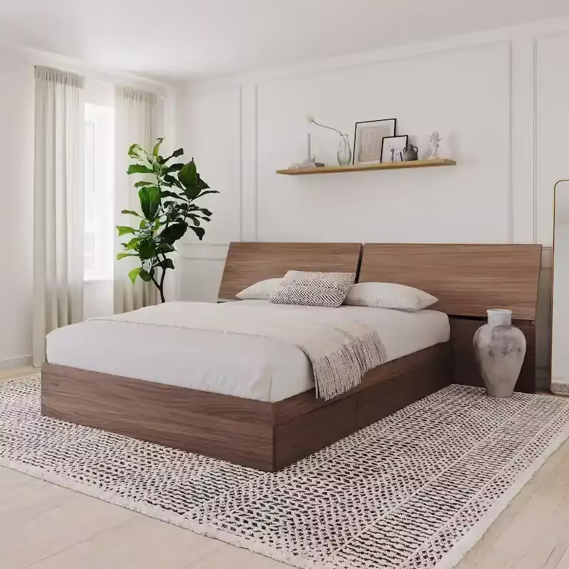 Walnut Nexera Storage Bed with Integrated Headboard