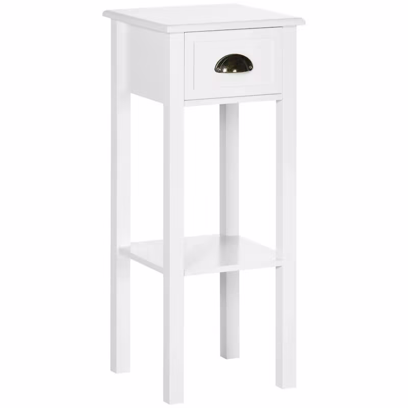 White 2-Tier Narrow Side Table with Drawer and Bottom Shelf for Living Room or Bedroom